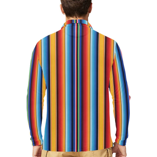 Mexican Blanket Stripe Print Pattern Long Sleeve Polo Shirt For Men's