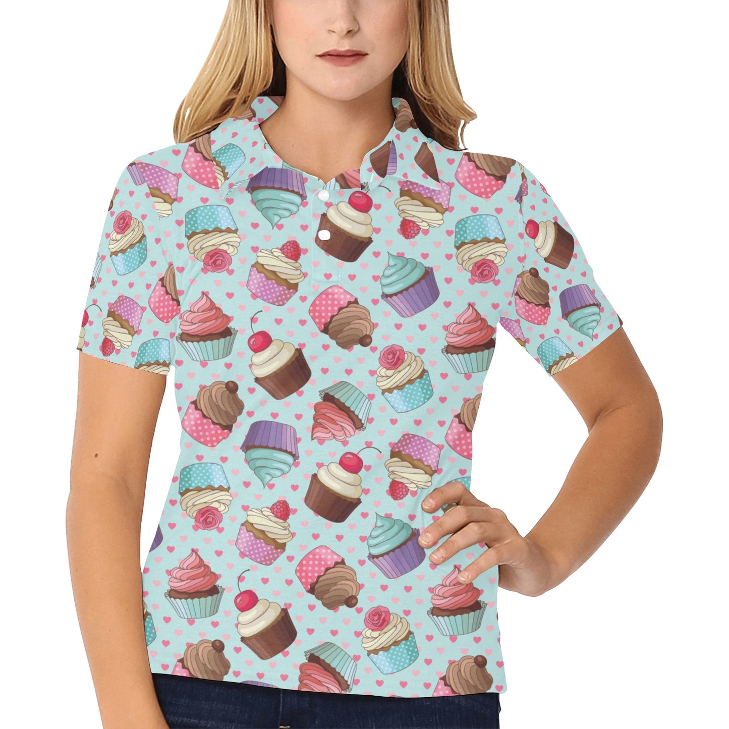Cupcakes Fancy Heart Print Pattern Women's Polo Shirt