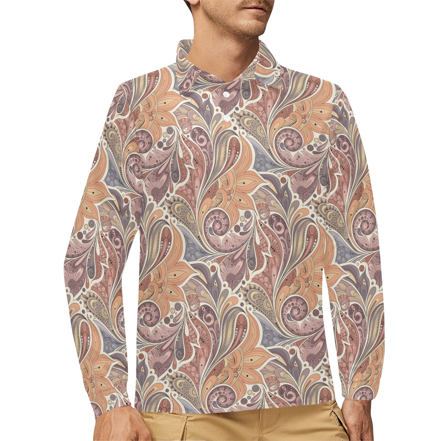 Boho Pattern Print Design 03 Long Sleeve Polo Shirt For Men's