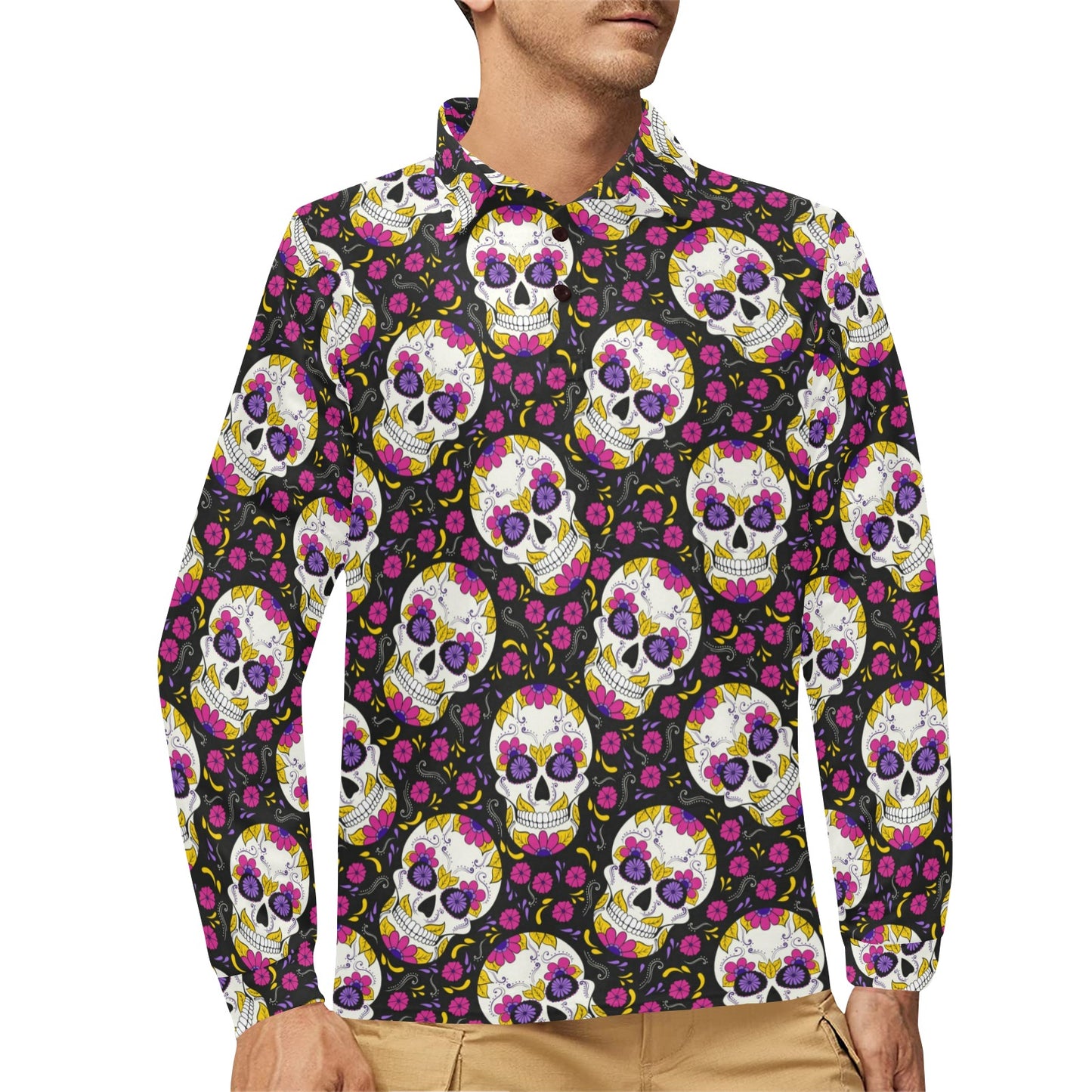 sugar skull Floral Pattern Long Sleeve Polo Shirt For Men's