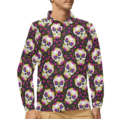 sugar skull Floral Pattern Long Sleeve Polo Shirt For Men's
