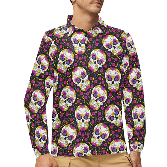 sugar skull Floral Pattern Long Sleeve Polo Shirt For Men's