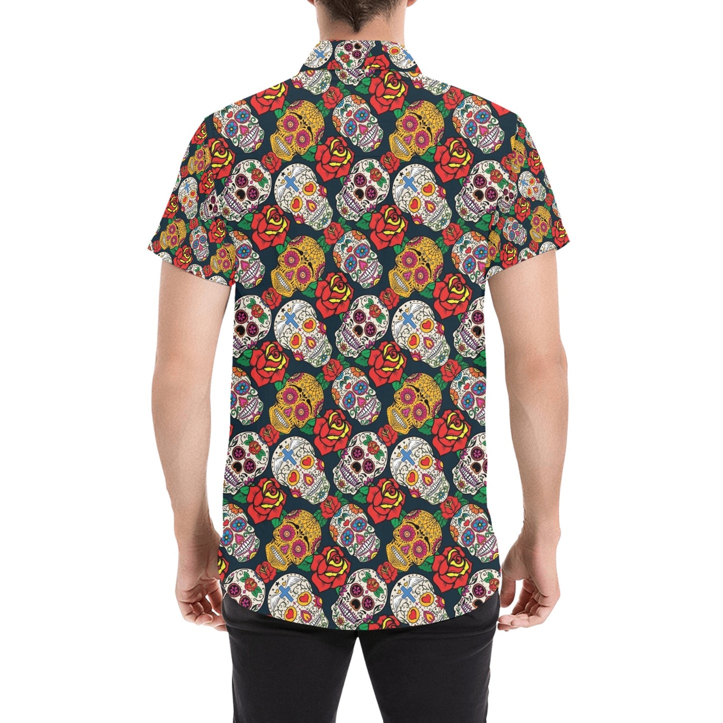 Sugar Skull Print Design LKS306 Men Short Sleeve Button Up Shirt