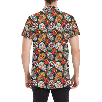 Sugar Skull Print Design LKS306 Men Short Sleeve Button Up Shirt