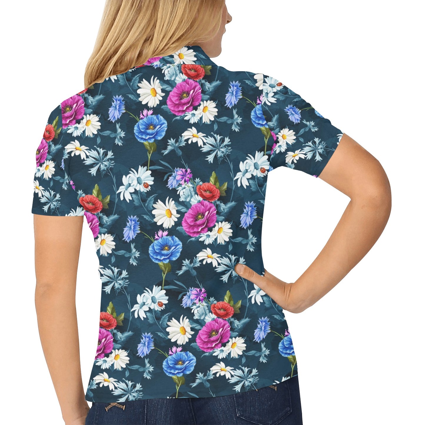 Floral Blue Themed Print Women's Polo Shirt
