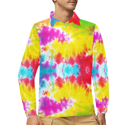 Tie Dye Rainbow Themed Print Long Sleeve Polo Shirt For Men's