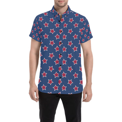 Star Red Blue Print Design LKS301 Men Short Sleeve Button Up Shirt
