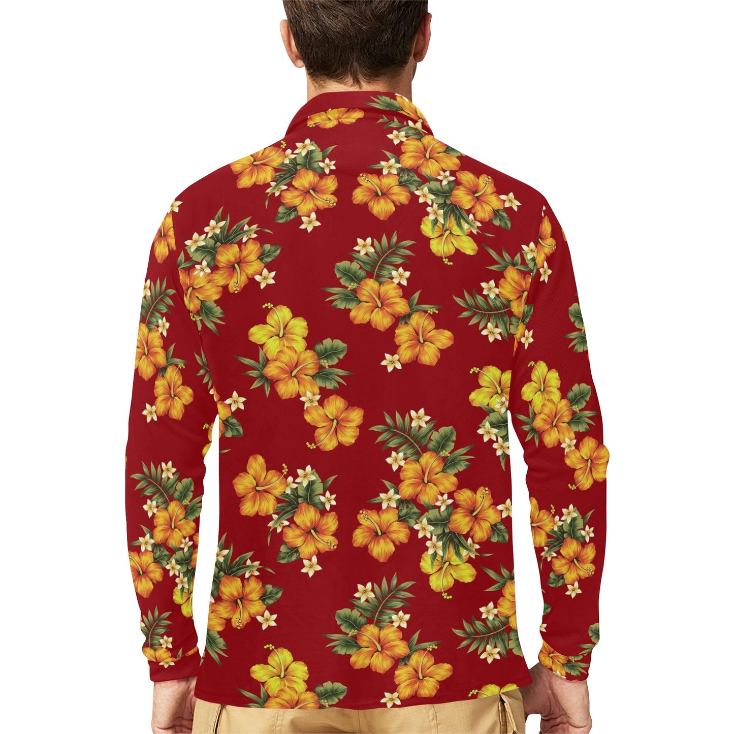 Orange Hibiscus Pattern Print Design HB026 Long Sleeve Polo Shirt For Men's