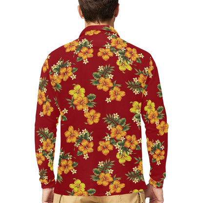 Orange Hibiscus Pattern Print Design HB026 Long Sleeve Polo Shirt For Men's