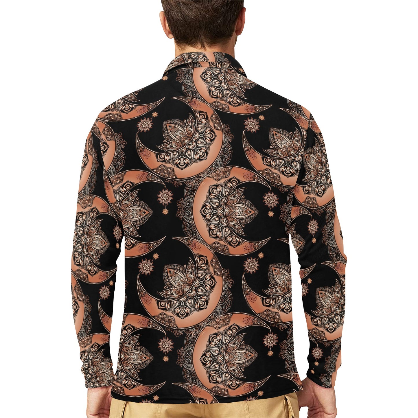 Sun Moon Mandala Long Sleeve Polo Shirt For Men's