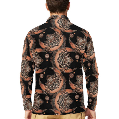 Sun Moon Mandala Long Sleeve Polo Shirt For Men's