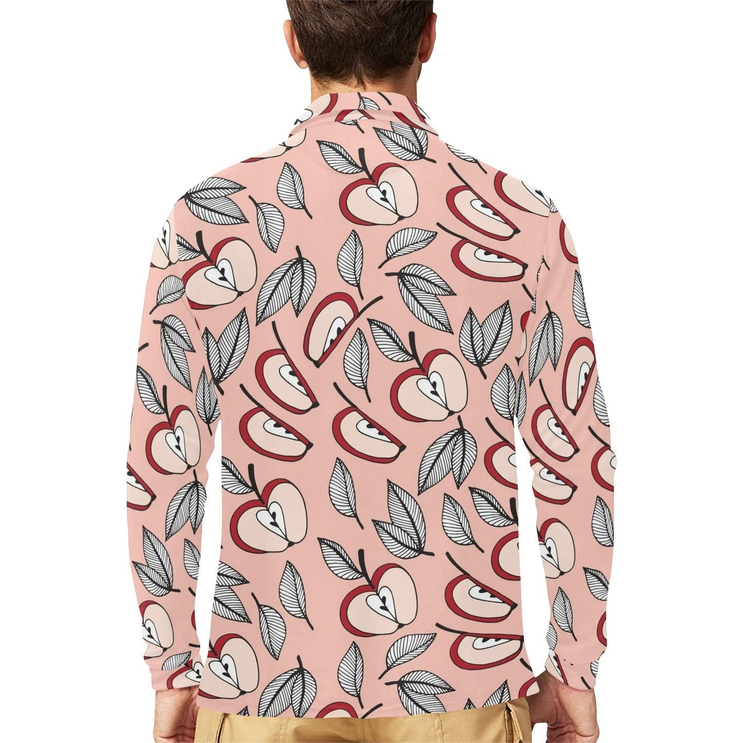 Apple Pattern Print Design AP04 Long Sleeve Polo Shirt For Men's