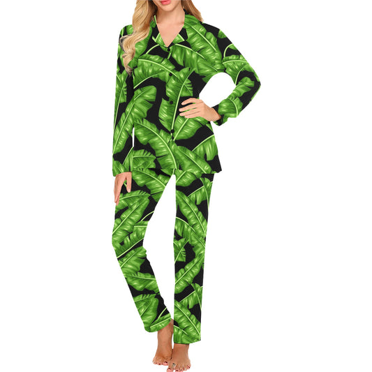 Banana Leaf Pattern Print Design BL01 Women's Long Pajama Set