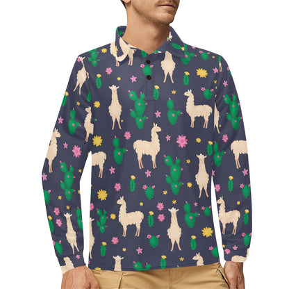 Llama Cactus Pattern Print Design 012 Long Sleeve Polo Shirt For Men's