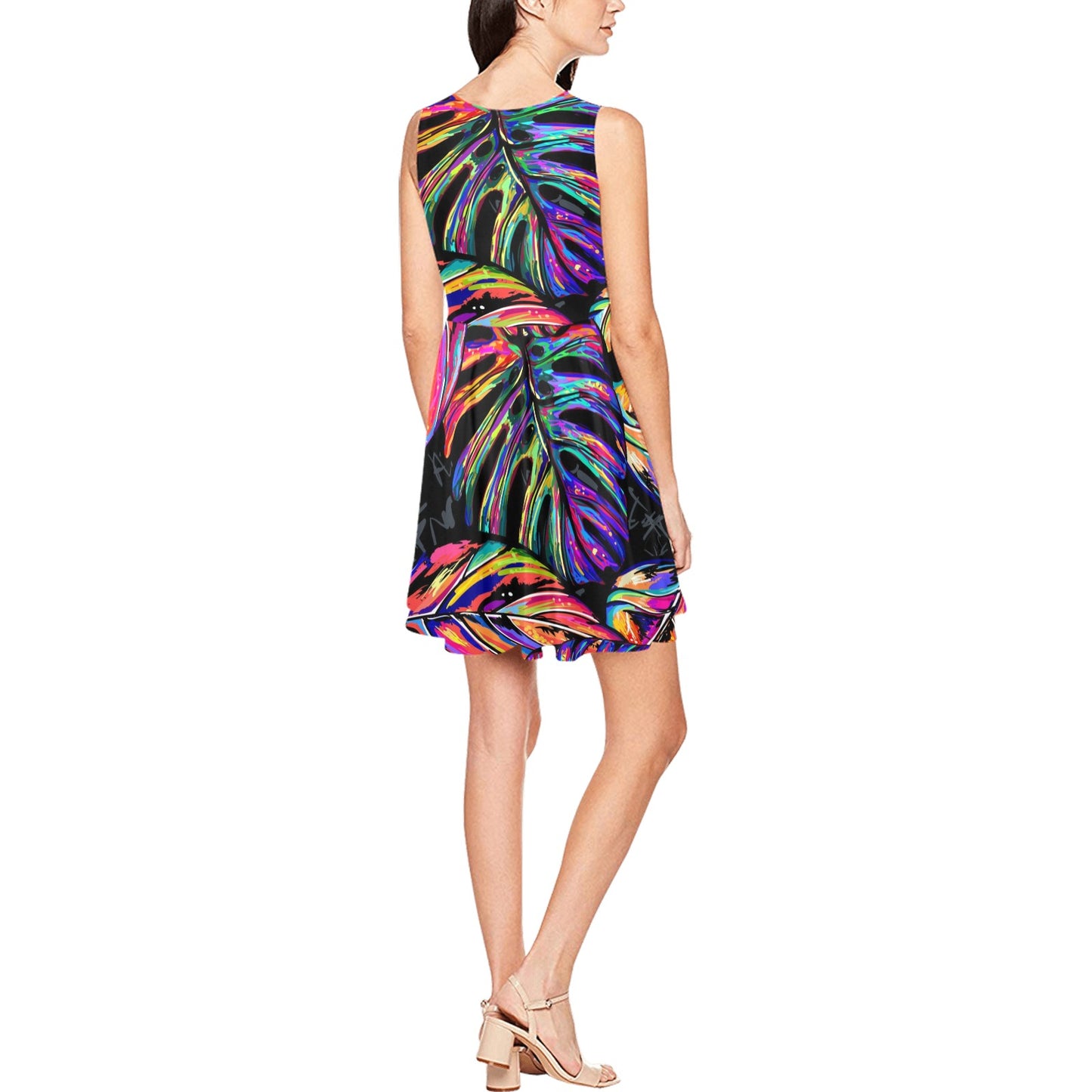 Neon Color Tropical Palm Leaves Sleeveless Dress