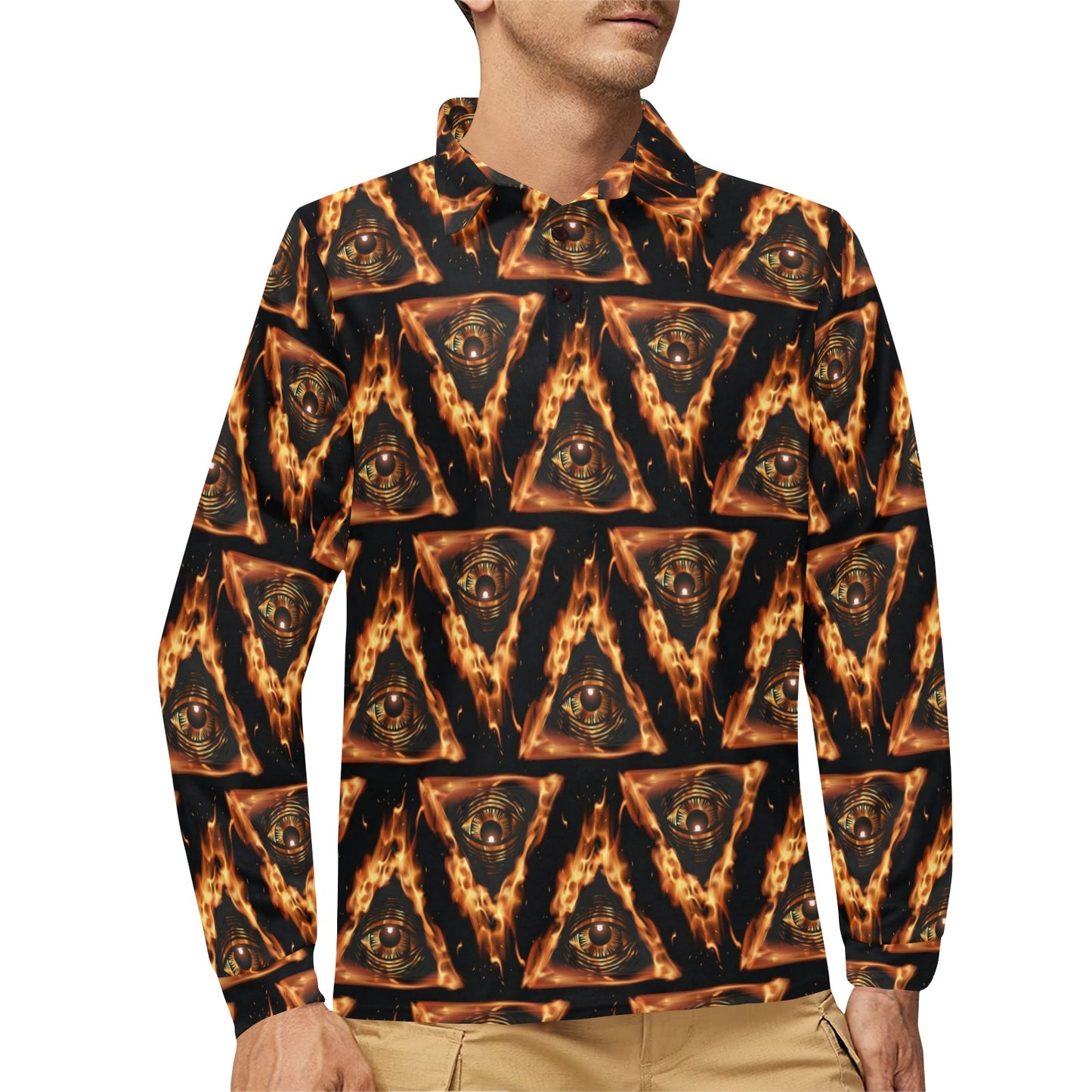 Eye of Horus in Flame Print Long Sleeve Polo Shirt For Men's