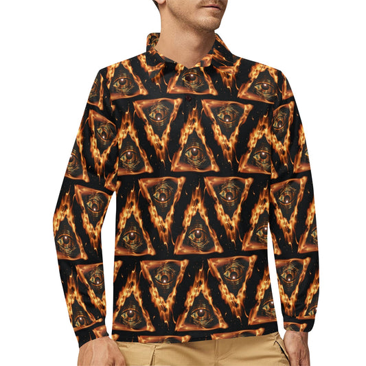 Eye of Horus in Flame Print Long Sleeve Polo Shirt For Men's