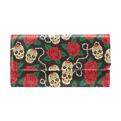 Sugar Skull Red Rose Print Design LKS301 Women's Trifold Wallet