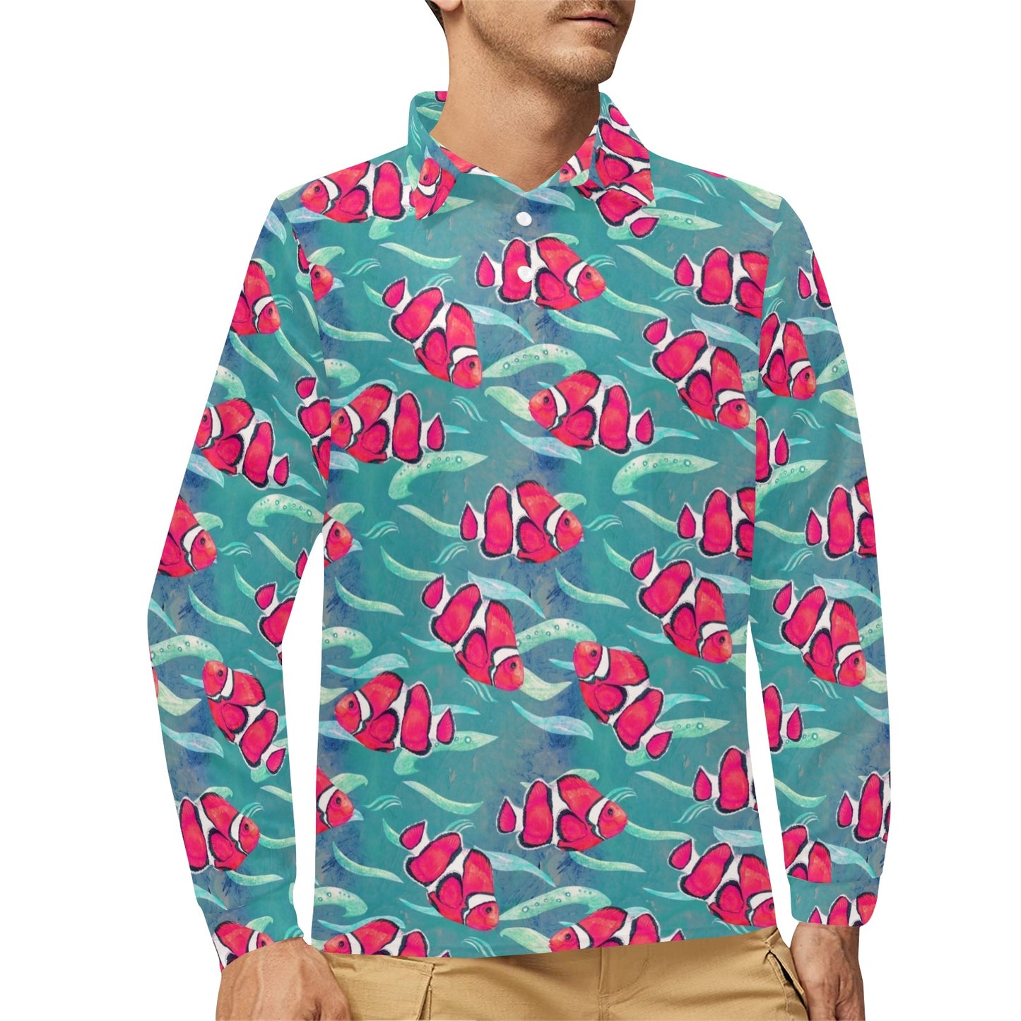 Clownfish Pattern Print Design 02 Long Sleeve Polo Shirt For Men's