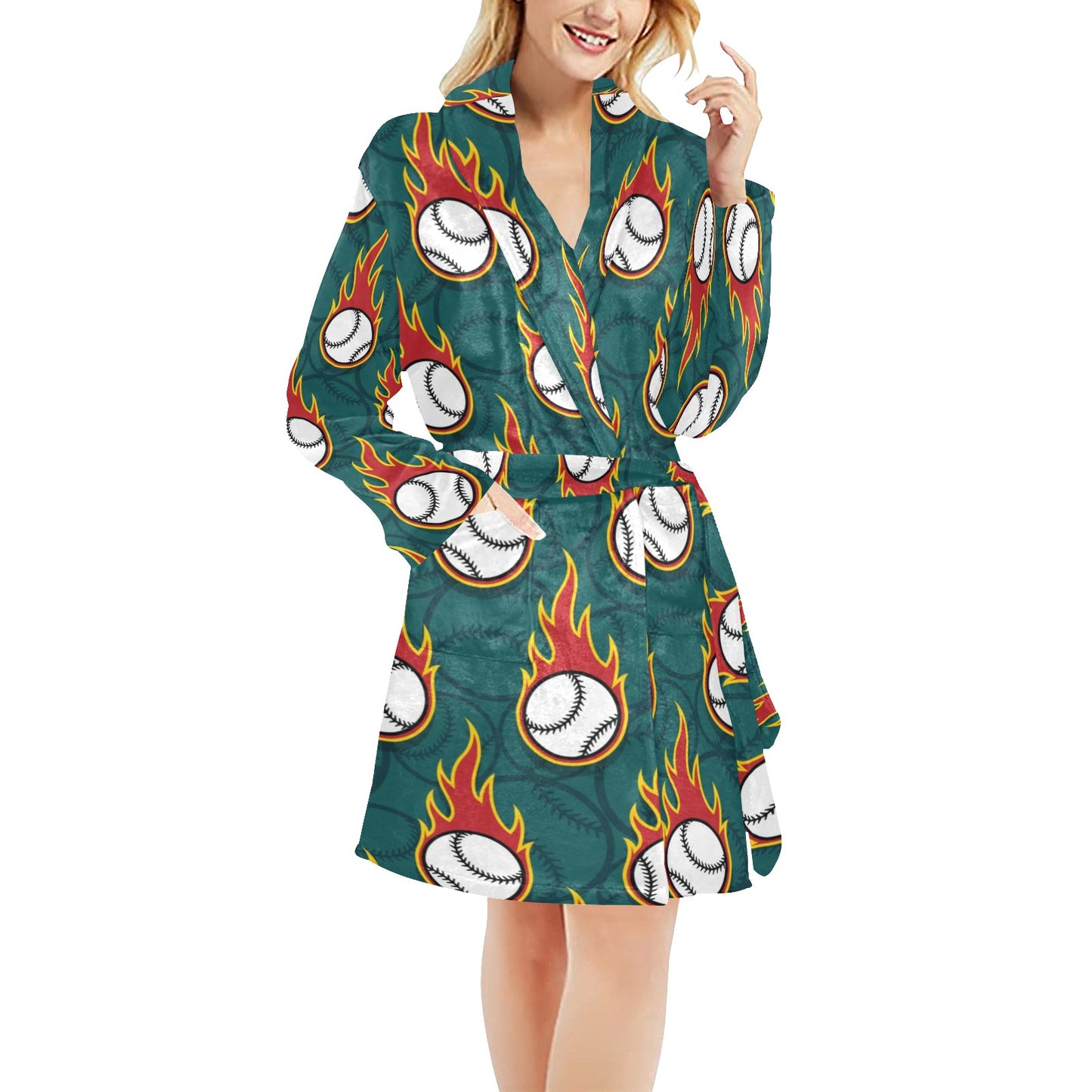 Baseball Fire Print Pattern Women's Fleece Robe