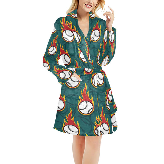 Baseball Fire Print Pattern Women's Fleece Robe