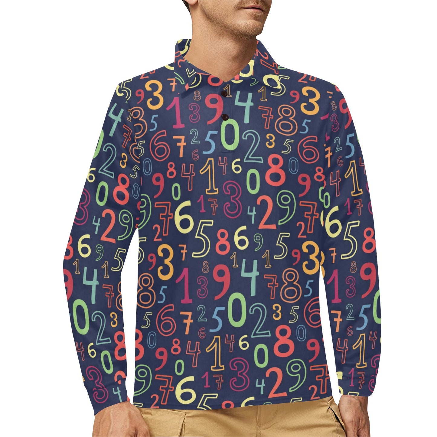 Number Pattern Print Design A01 Long Sleeve Polo Shirt For Men's