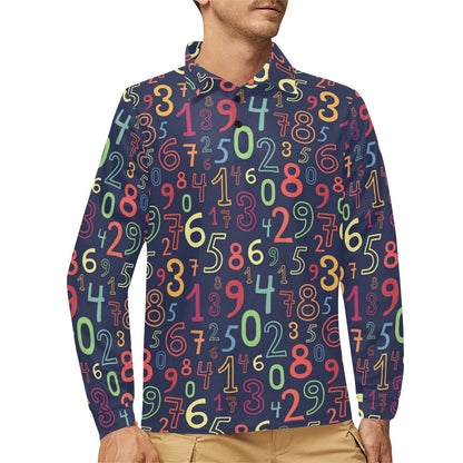 Number Pattern Print Design A01 Long Sleeve Polo Shirt For Men's