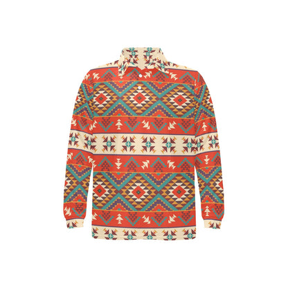 Aztec Red Print Pattern Long Sleeve Polo Shirt For Men's