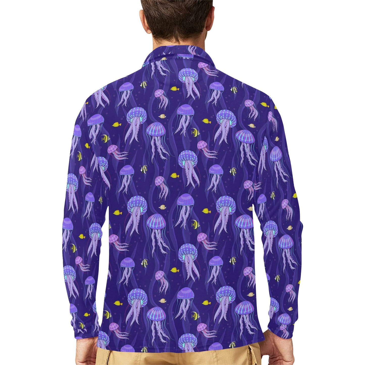 Jellyfish Style Print Long Sleeve Polo Shirt For Men's