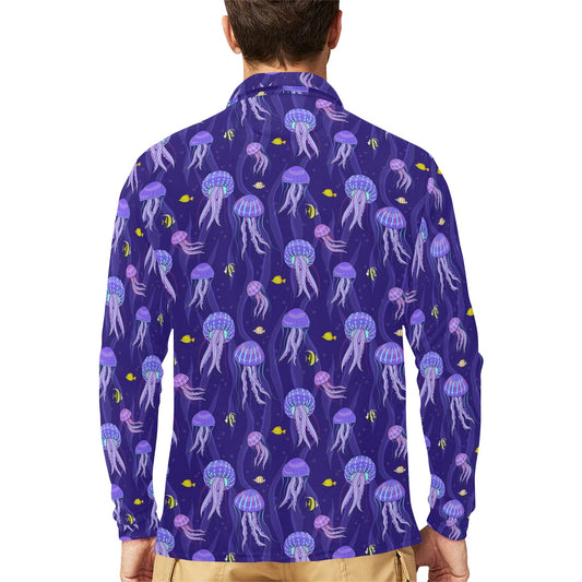 Jellyfish Style Print Long Sleeve Polo Shirt For Men's
