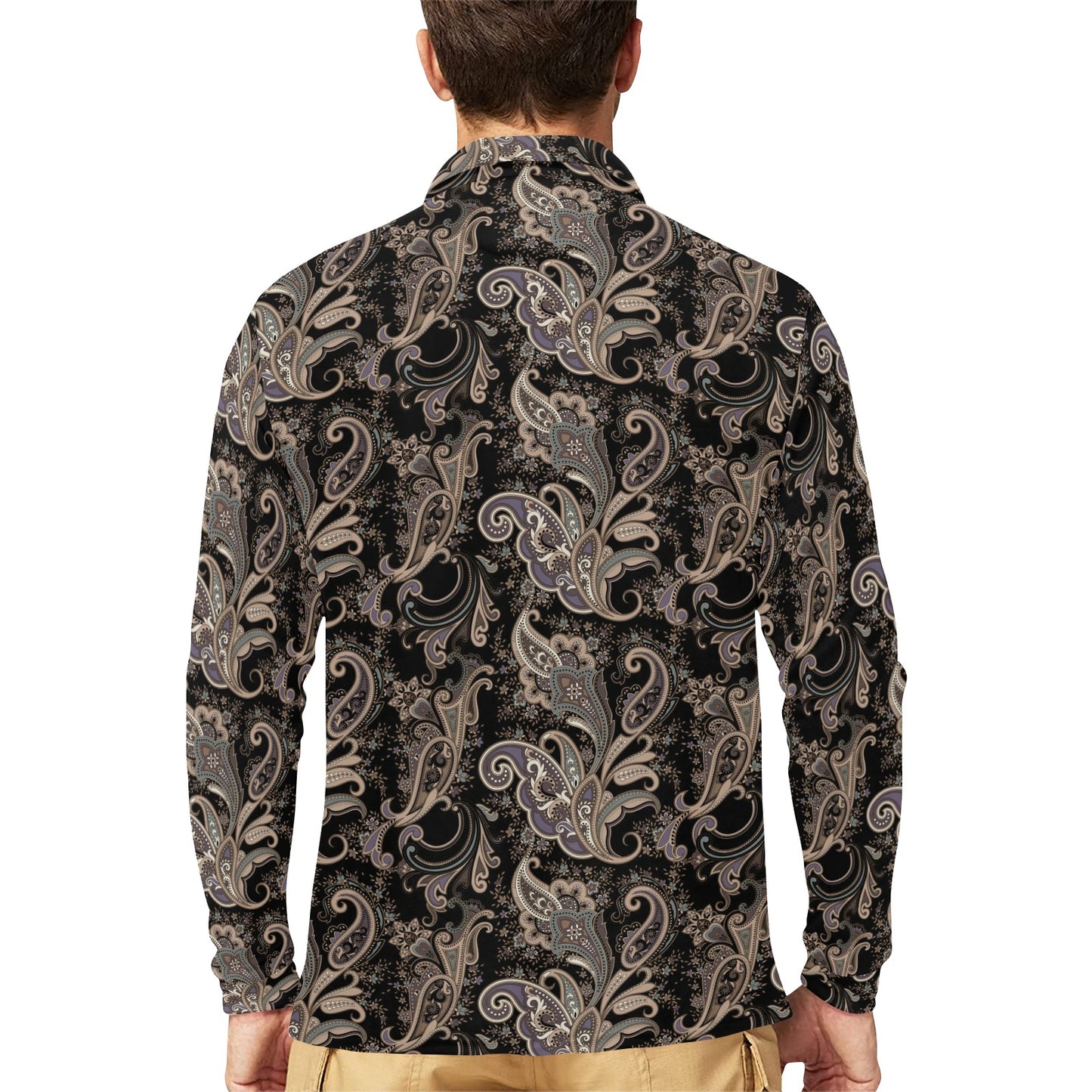 Paisley Mandala Design Print Long Sleeve Polo Shirt For Men's