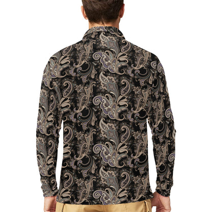 Paisley Mandala Design Print Long Sleeve Polo Shirt For Men's