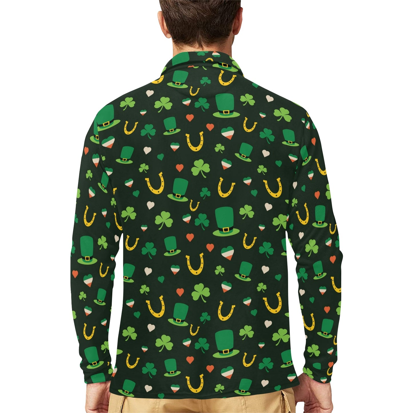 Shamrock Print Design LKS308 Long Sleeve Polo Shirt For Men's