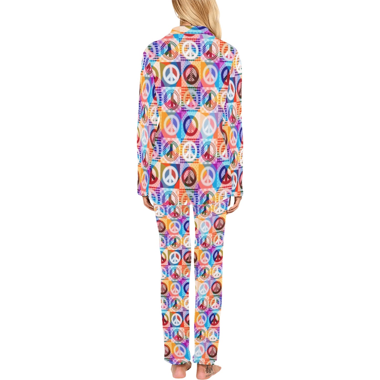 Peace Sign Patchwork Design Print Women's Long Pajama Set
