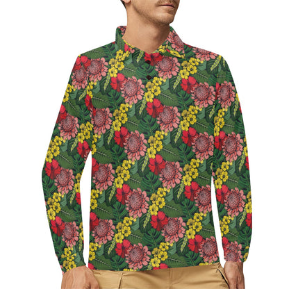 Summer Floral Print Design LKS305 Long Sleeve Polo Shirt For Men's