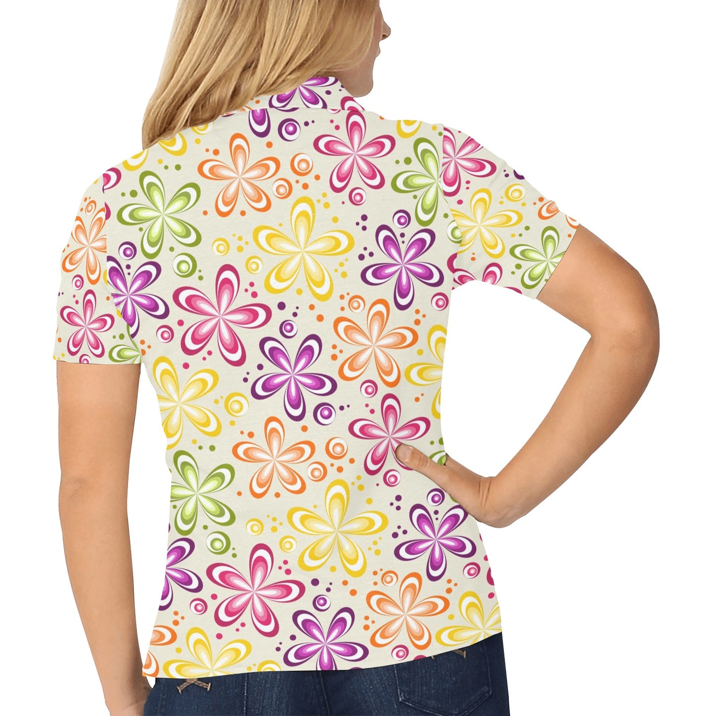 Flower Power Colorful Design Print Women's Polo Shirt