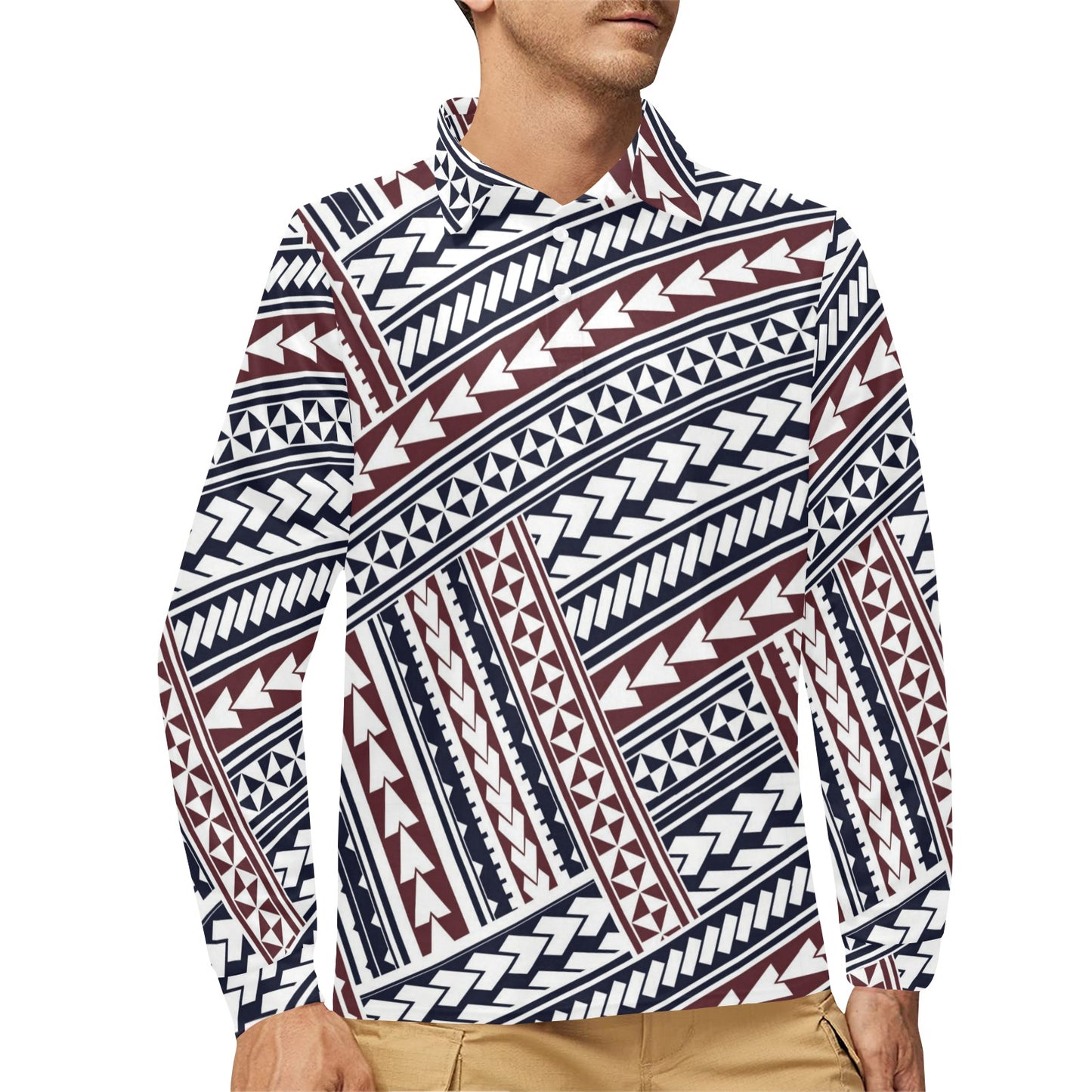 Polynesian Tribal line Long Sleeve Polo Shirt For Men's