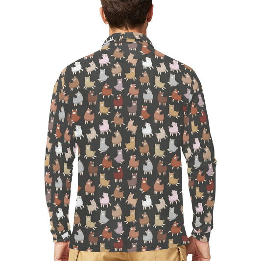Alpaca Cute Design Themed Print Long Sleeve Polo Shirt For Men's