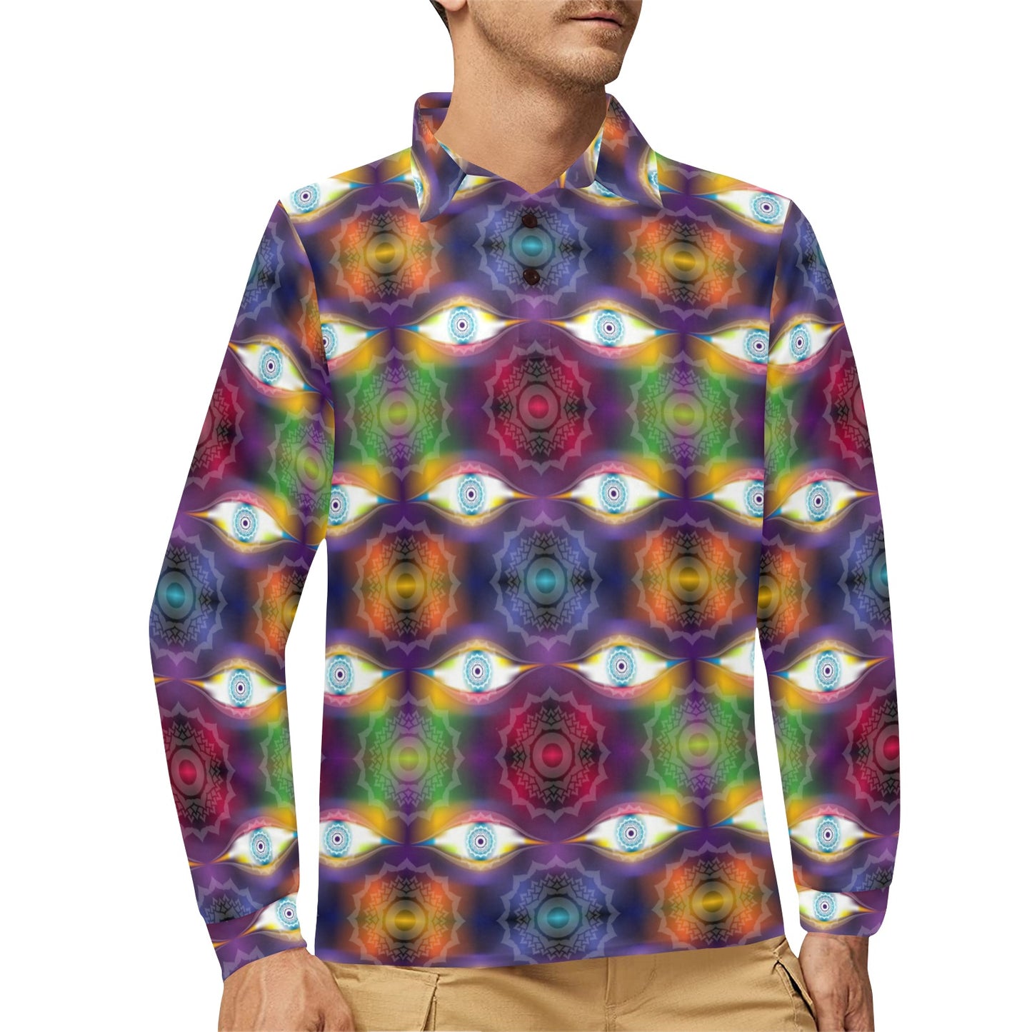 Chakra Eye Print Pattern Long Sleeve Polo Shirt For Men's