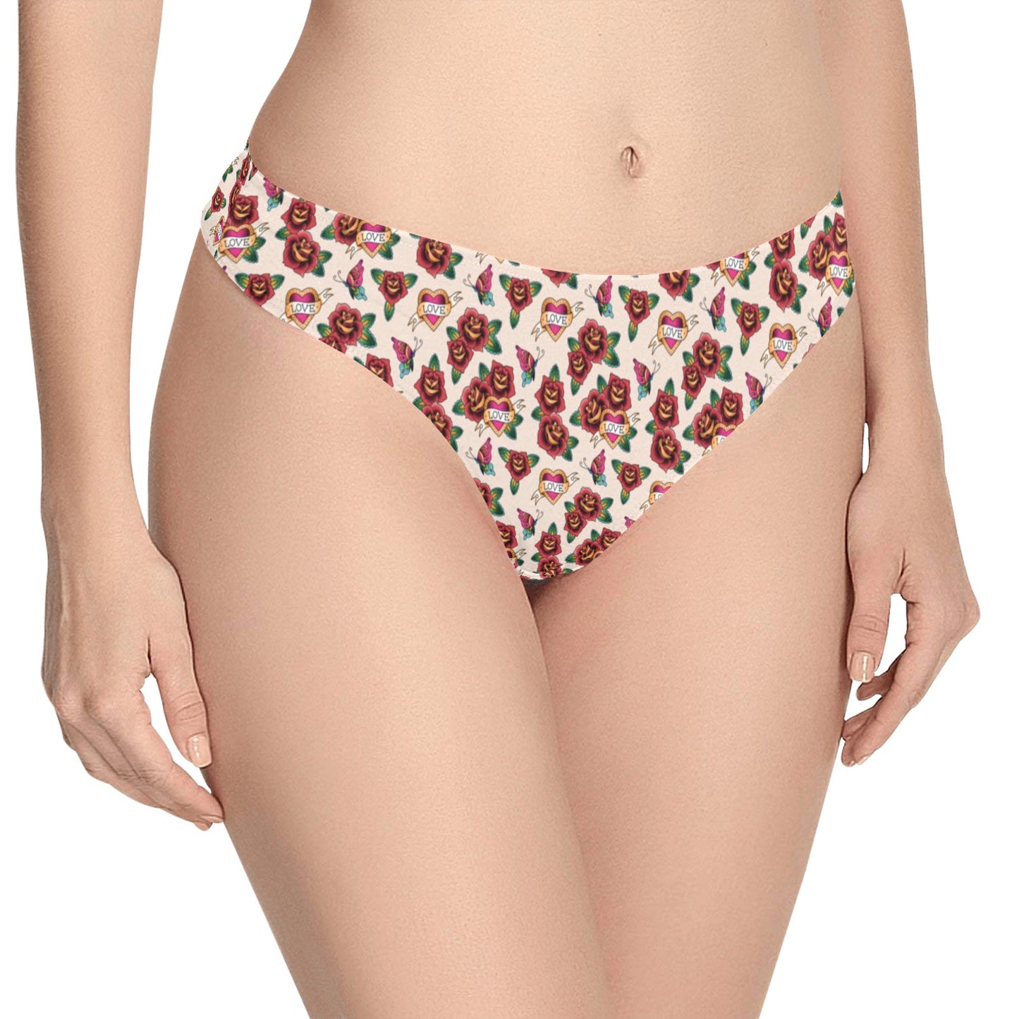 Old School Tattoo Rose Pattern Women's Thongs