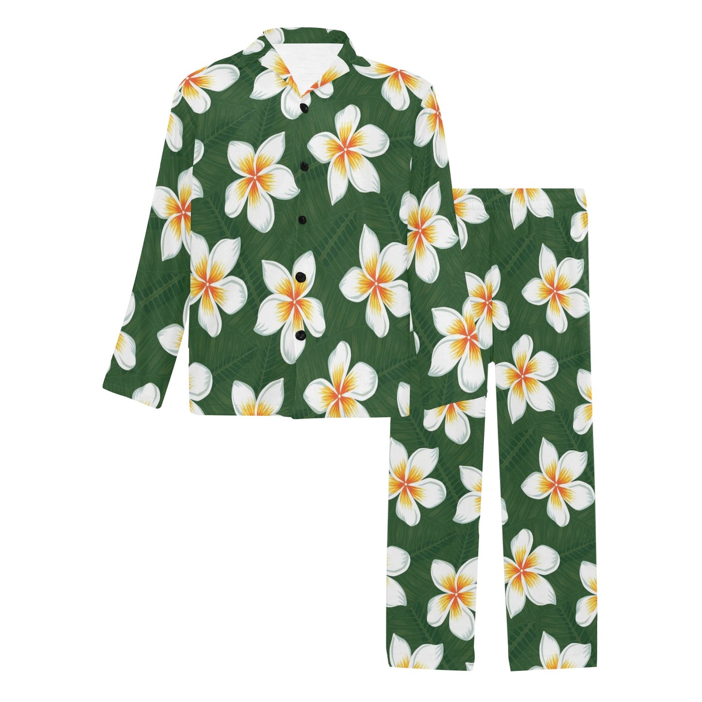 White Plumeria Pattern Print Design PM020 Men's Long Pajama Set