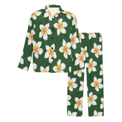 White Plumeria Pattern Print Design PM020 Men's Long Pajama Set