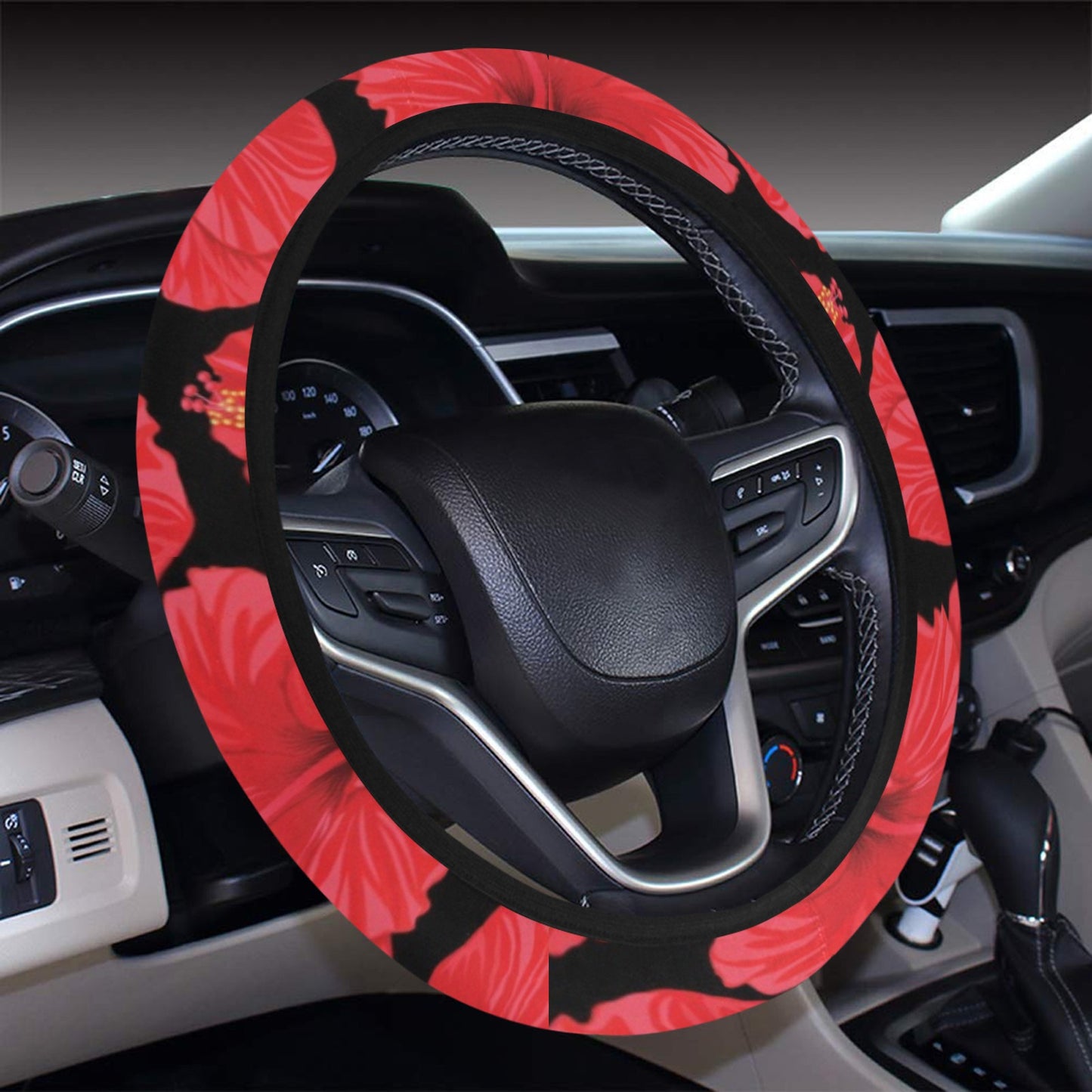 Hibiscus Red Pattern Print Design LKS306 Steering Wheel Cover with Elastic Edge