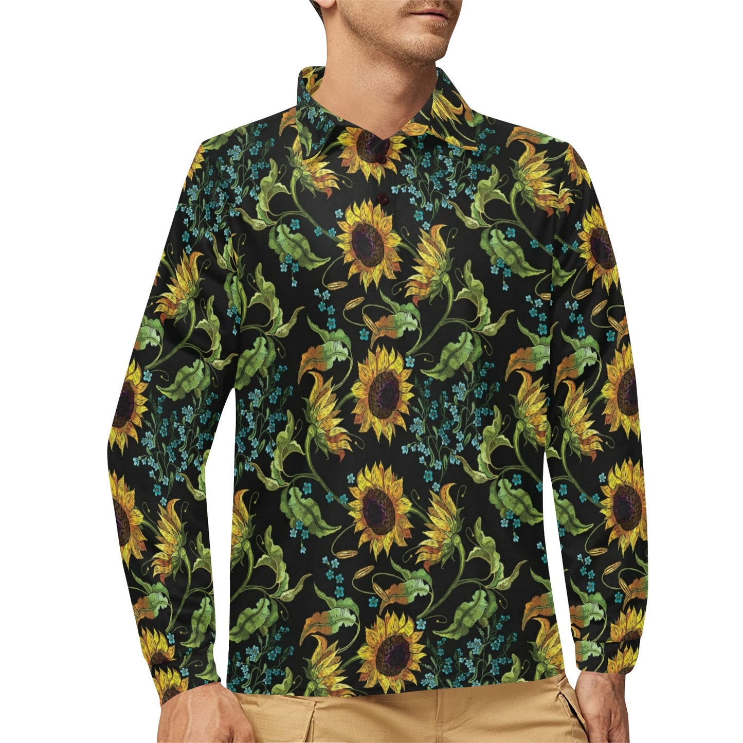 Sunflower Print Design LKS308 Long Sleeve Polo Shirt For Men's