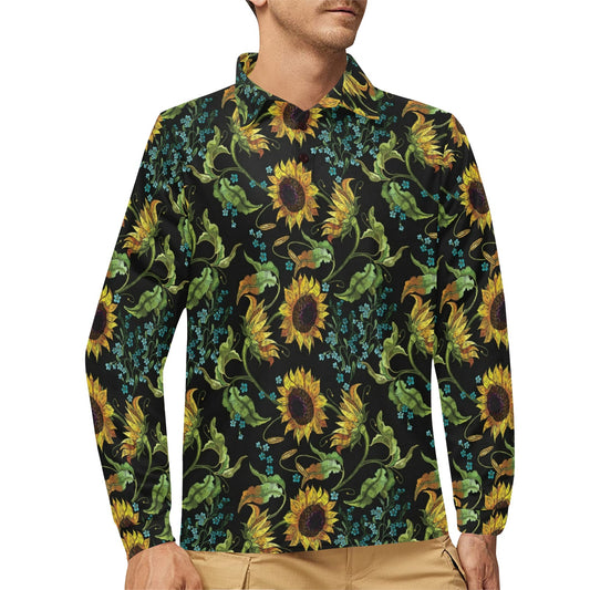 Sunflower Print Design LKS308 Long Sleeve Polo Shirt For Men's