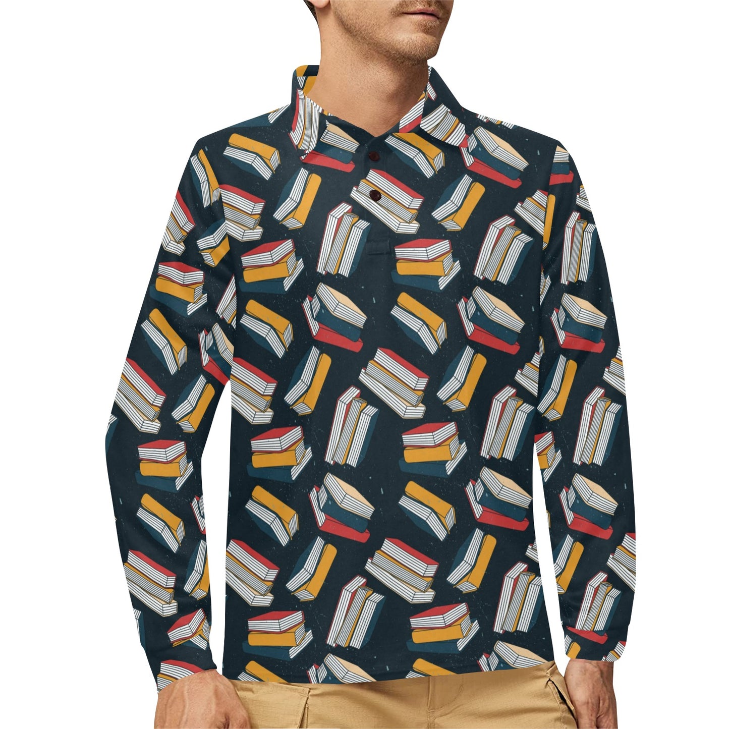 Book Pattern Print Design 07 Long Sleeve Polo Shirt For Men's
