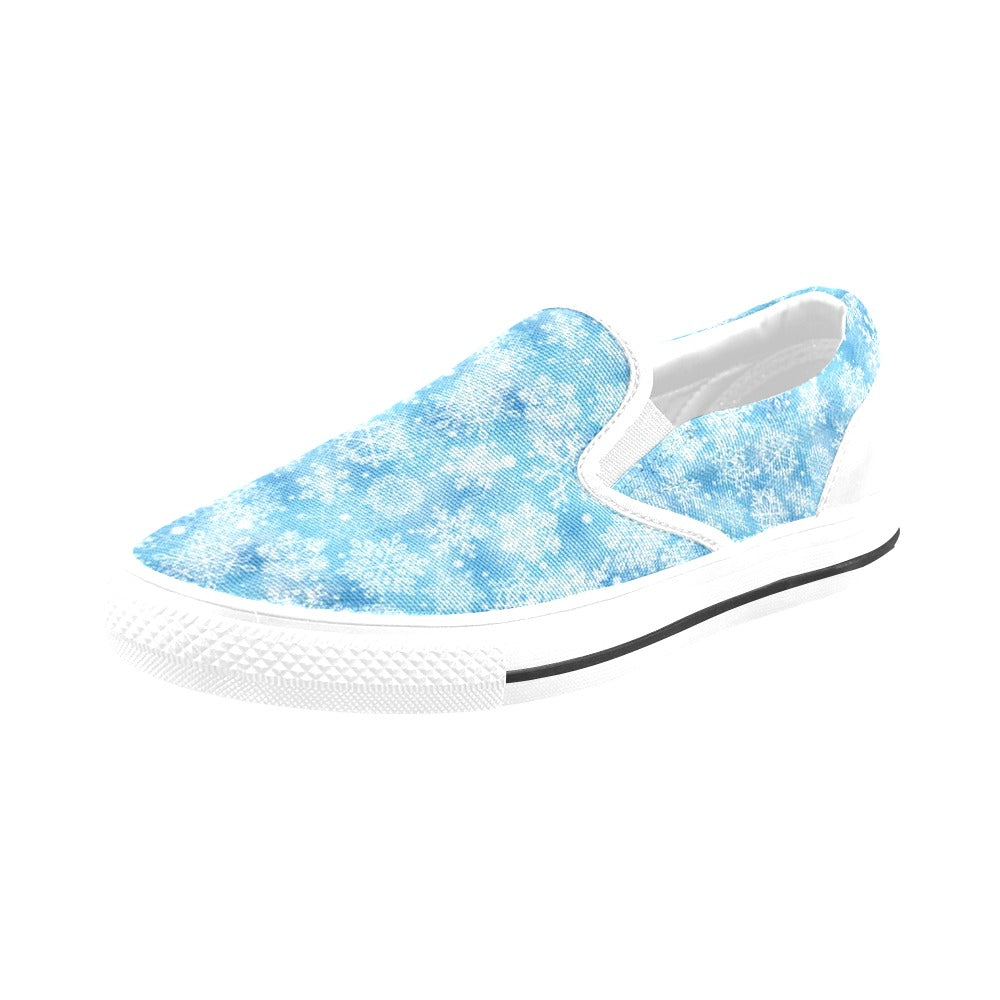 Snowflake Blue Print Design LKS301 White Slip Ons Canvas Women's Shoes