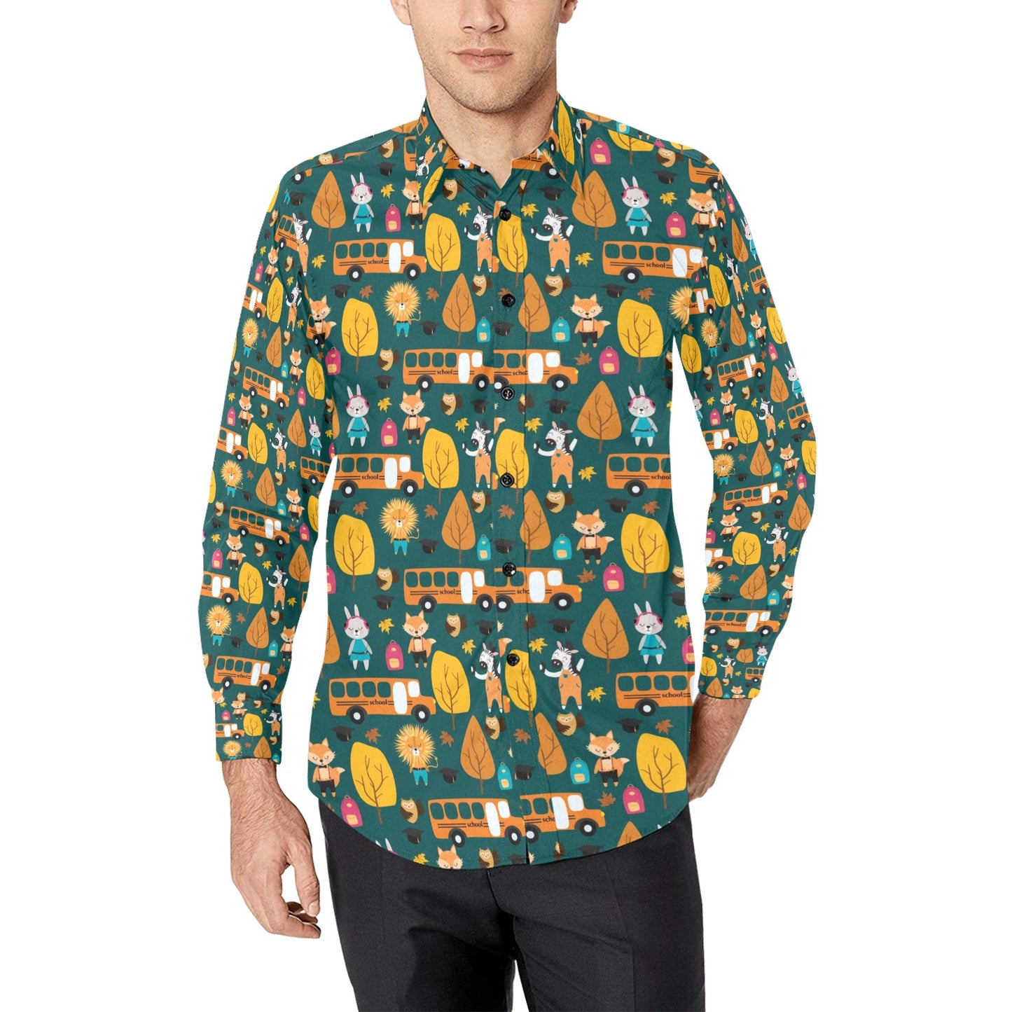 School Bus Print Design LKS309 Men's Long Sleeve Dress Shirt