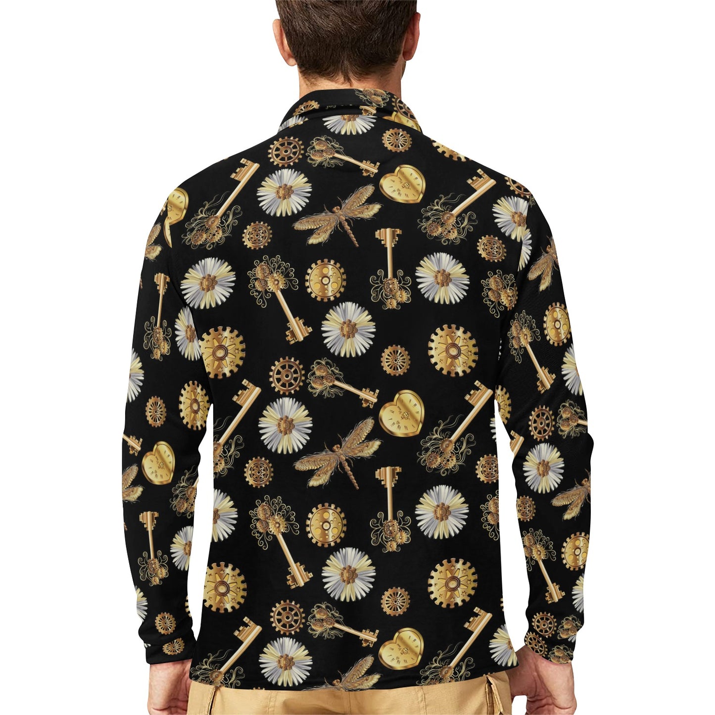Steampunk Key Dragonfly Print Design LKS303 Long Sleeve Polo Shirt For Men's