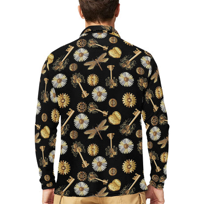 Steampunk Key Dragonfly Print Design LKS303 Long Sleeve Polo Shirt For Men's